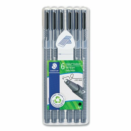 STAEDTLER Triplus Fineliner Marker Pen, Stick, Fine 0.3 mm, Black Ink, Clear Barrel, 6PK 3349SB6RA610